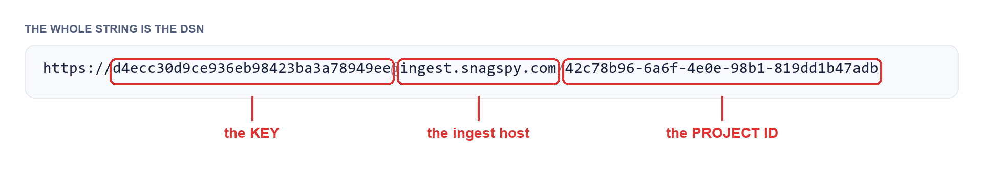 The DSN from the previous picture with its three parts outlined and named: the KEY between https:// and the @, the ingest host, and the PROJECT ID after the slash