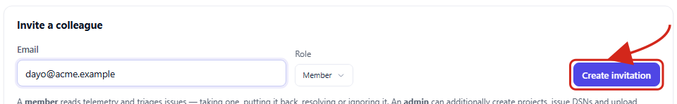 Le formulaire Invite a colleague, une adresse saisie, le rôle sur Member et le bouton Create invitation entouré