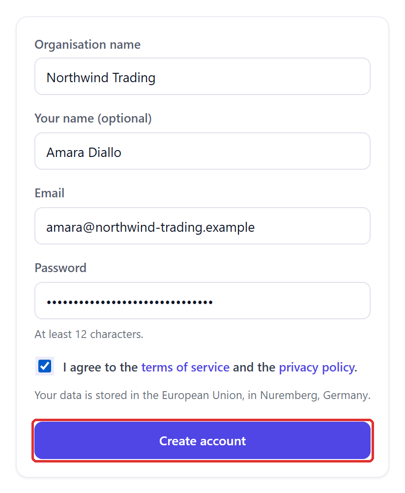The Create an account form filled in — organisation Northwind Trading, a name, an email address, a password, the consent box ticked — with the Create account button outlined