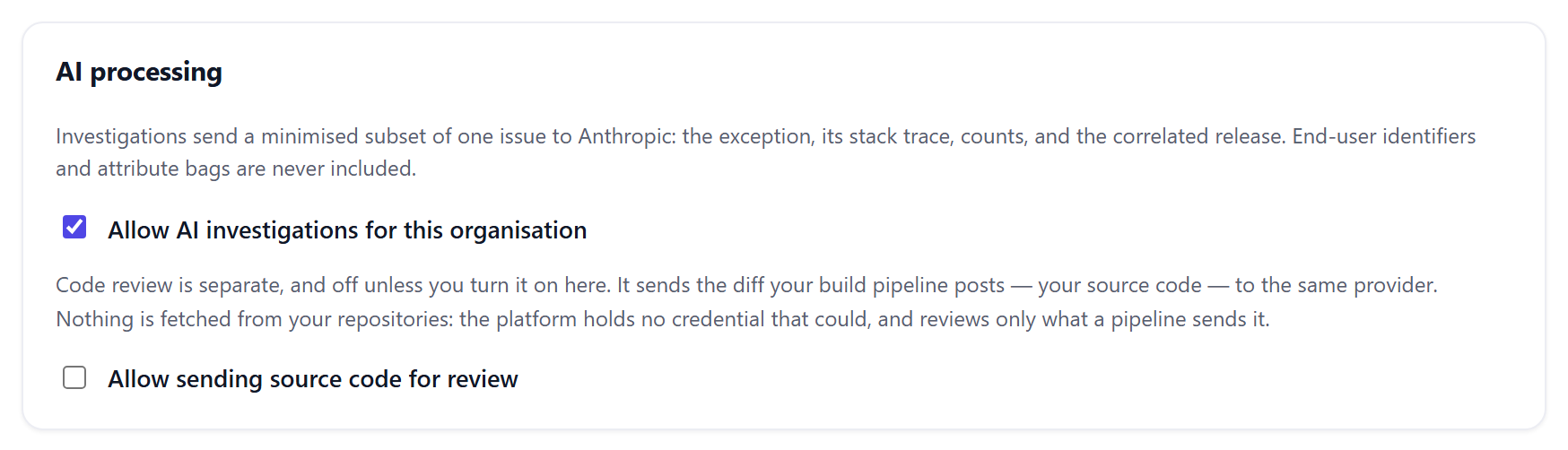 The AI processing card: Allow AI investigations for this organisation ticked, and Allow sending source code for review unticked, with the text explaining what each sends